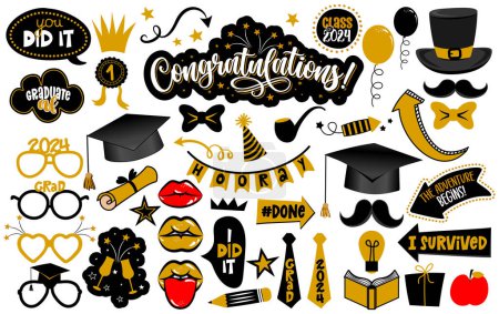 Congratulations Graduates photo booth prop set. Premium vector cap, hat, lips, eyeglasses, degree and many other. Graduation party photo booth. Let the adventure begin.