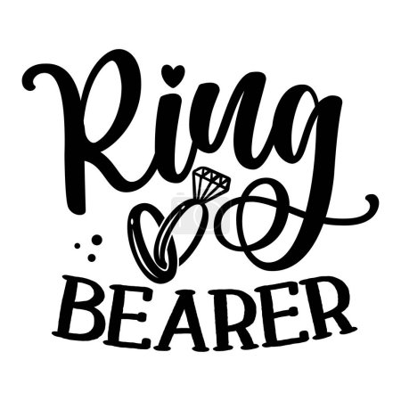 Illustration for Ring Bearer - Black hand lettered quote with diamond ring for greeting card, gift tag, label, wedding sets. Groom and bride design. Wedding day party. - Royalty Free Image