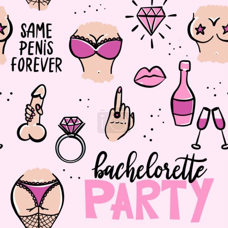 Bachelorette doodle humorous vector seamless pattern. Hen bachelorette party vector seamless pattern with wedding symbols and slogans.