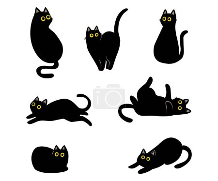 Téléchargez les illustrations : Ensemble de poses drôles de chats noirs. paresseux chatons clipart illustration. dessin simple dessiné à la main. - en licence libre de droit
