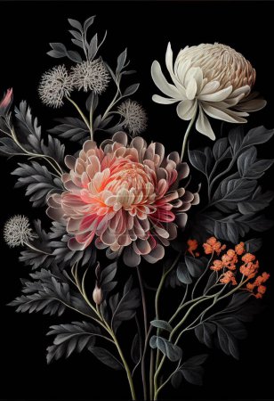 Paint big flowers, black background. Floral print. Big flower bouquet hand painted in oil.