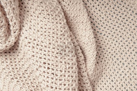 Photo for Knitted linen beige canvas background with folds, fashion closeup backdrop template - Royalty Free Image
