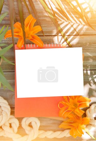 Photo for Summer sea style mockup with empty list, palm shadows and lily flowers - Royalty Free Image