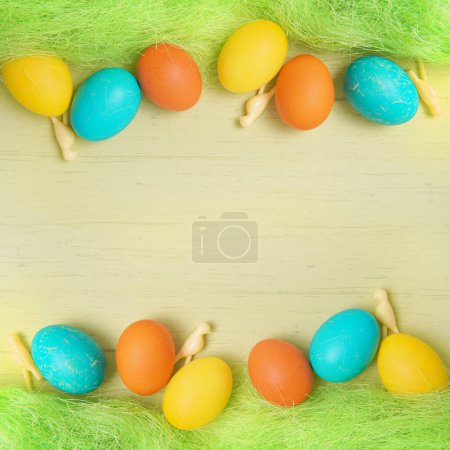 Photo for Empty space Easter background with colored eggs and birds figures, banner template - Royalty Free Image