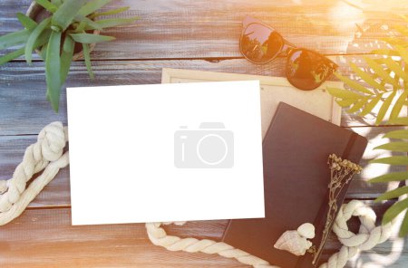 Photo for Photo template with empty white paper list and black book, outdoor summer photo top view, tropic style - Royalty Free Image