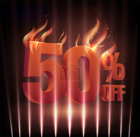 Hot 50 percents off, sale vector banner template with 3D lettering and lazer lights. Half price fiery sign