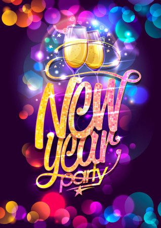 New Year party poster or flyer template with two champagne glasses and multicolored confetti backdrop