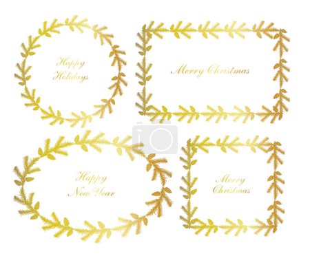 Téléchargez les illustrations : Assortiment de cadres de couronne de sapin de Noël doré, illustration vectorielle couleur or style doodle - en licence libre de droit