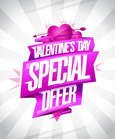 Téléchargez les illustrations : Offre spéciale Saint-Valentin, affiche ou bannière web vectorielle maquette avec rubans roses et coeurs - en licence libre de droit
