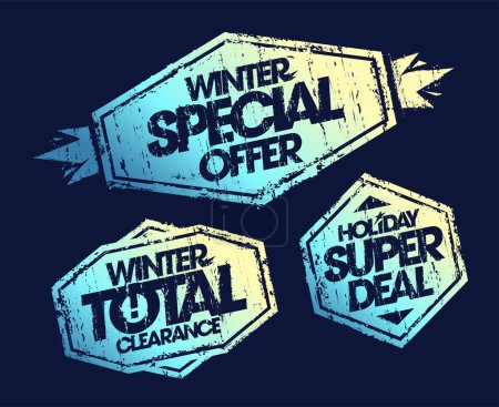 Illustration for Winter super sale rubber stamps vector mockups - winter special offer, winter total clearance and holiday super deal - Royalty Free Image