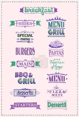 Illustration for Assorted menu headlines set with signs and graphic elements, vector symbols of grill and BBQ, burgers, pizza and pastas, main and side dishes etc. - Royalty Free Image
