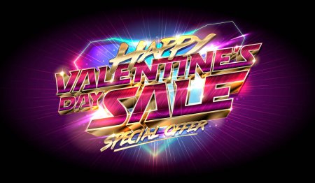 Ilustración de Feliz día de San Valentín venta web banner mockup, oferta especial de publicidad de vacaciones cartel vectorial con letras 3D y símbolo del corazón - Imagen libre de derechos