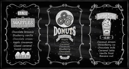 Ilustración de Donuts, gofres y bebidas mezcladas pizarra pantalla menú vector conjunto para cafetería o restaurante - Imagen libre de derechos