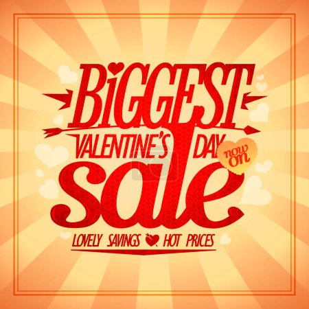 Ilustración de Mayor venta de San Valentín, banner web vector o mockup folleto con rayos y letras rojas - Imagen libre de derechos