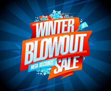 Illustration for Winter blowout sale, mega discounts, vector web banner template with red ribbon - Royalty Free Image