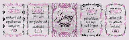 Illustration for Spring menu set board - starters, salads, main and desserts, vector illustration hand drawn graphic sketch style menu - Royalty Free Image