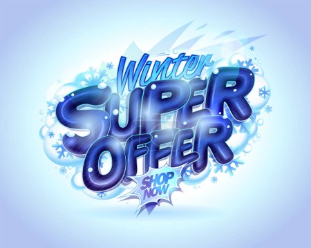 Ilustración de Winter super offer advertisement banner vector template with glossy lettering - Imagen libre de derechos