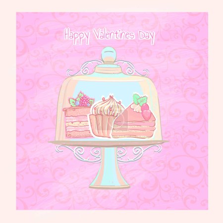 Téléchargez les illustrations : Happy Valentine's day graphic vector card with hand drawn cakes in cakes stand - en licence libre de droit