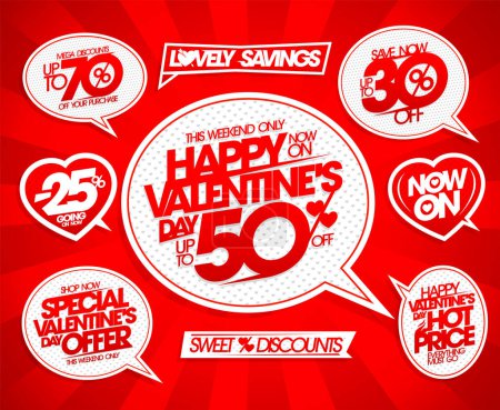 Ilustración de Valentine's day sale stickers and symbols vector set - holiday offers, special offers, mega discounts, hot prices, lovely savings, etc. - Imagen libre de derechos