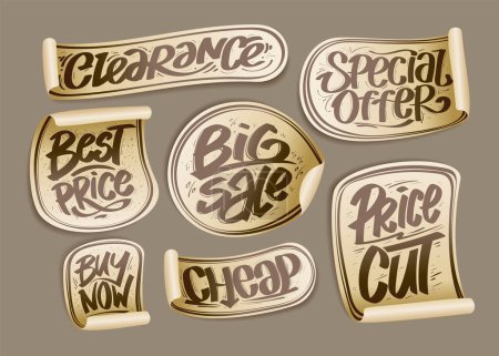 Ilustración de Buy now, cheap, special offer, price cut, beat price and clearance - vector stickers collection template - Imagen libre de derechos