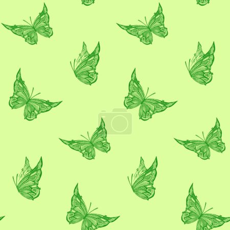 Illustration for Seamless green vector pattern with flying butterflies, art graphic vector background - Royalty Free Image