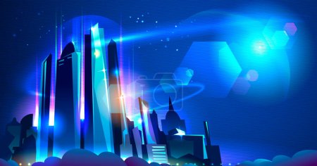 Illustration for Huge night metropolis vector illustration. Night urban cityscape horizontal background with futuristic urban architecture - Royalty Free Image