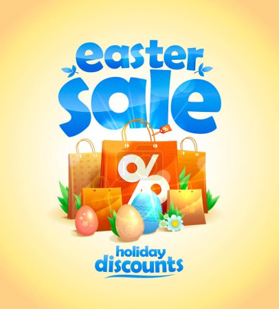 Téléchargez les illustrations : Easter sale banner vector template with traditional colored Easter eggs and paper bags. Holiday discounts poster mockup - en licence libre de droit
