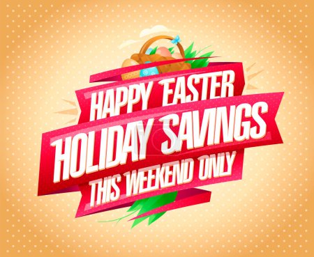 Ilustración de Happy Easter sale web banner, holiday savings this weekend only, vector illustration with Easter eggs in a basket - Imagen libre de derechos