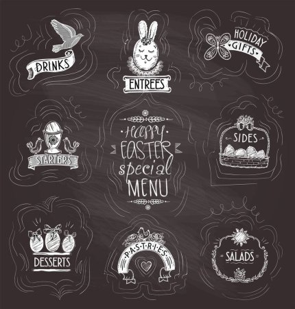 Ilustración de Easter menu set on a chalkboard - starters, sides, salads, desserts, etc. Holiday floral frames, eggs, ribbons, easter rabbit and birds, hand drawn vector illustration - Imagen libre de derechos