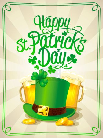 Téléchargez les illustrations : Happy Patrick's day poster or card, vector illustration with leprechaun hat, beer mugs and golden coins - en licence libre de droit