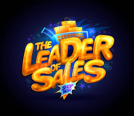 Illustration for The leader of sales vector web banner template with glossy golden letters and golden shopping bags on a silver cart - Royalty Free Image