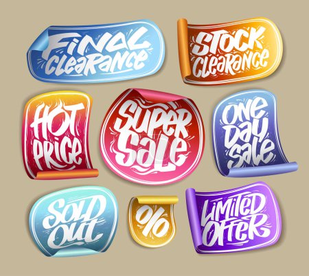 Ilustración de Final clearance, super sale, hot price, stock clearance, one day sale, sold out, limited offer - vector lettering stickers collection - Imagen libre de derechos