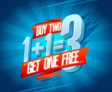 Illustration for Buy two get one free, sale web banner mockup, lettering vector template - Royalty Free Image