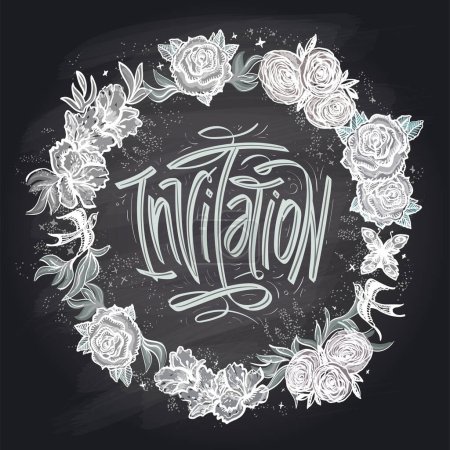 Ilustración de Banner de invitación de pizarra con marco de corona floral clásica, ilustración vectorial dibujada a mano de arte - Imagen libre de derechos
