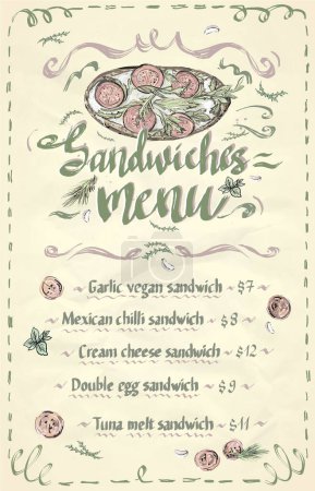 Ilustración de Sandwiches menu, hand drawn vector graphic cafe menu mockup with tomato sandwich and greens - Imagen libre de derechos