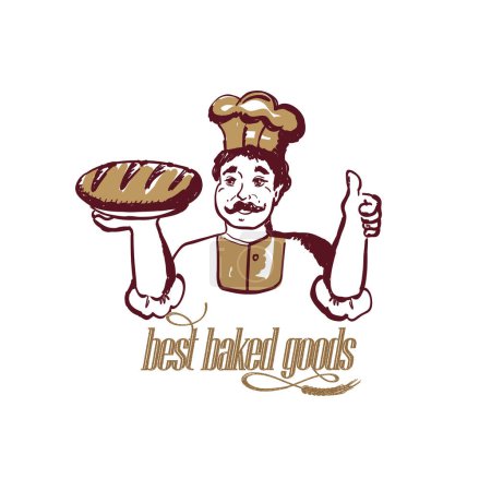 Téléchargez les illustrations : Baker portrait with bread showing thumbs up, best baked goods lettering, bakery logotype vector, old style graphic sketch - en licence libre de droit