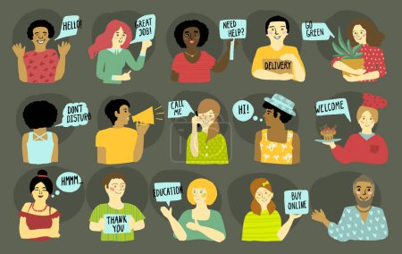 Ilustración de Grupo de personas multiétnicas felices, colección de hombres y mujeres con burbujas de habla diciendo - bienvenida, hola, ir verde, etc., ilustración vectorial dibujado a mano - Imagen libre de derechos