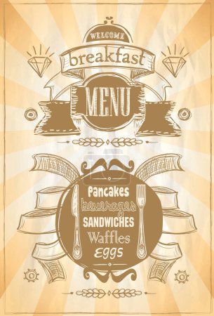 Téléchargez les illustrations : Modèle de carte de menu de petit déjeuner, modèle de menu vectoriel dessiné à la main de style vintage - en licence libre de droit