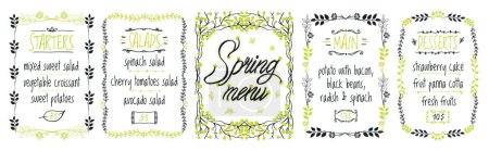 Illustration for Spring menu board vector template with starters menu, salads menu, main dishes and desserts. Hand drawn illustration - Royalty Free Image