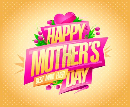Illustration for Happy Mother's day card vector mockup with ribbon, heart and tulips - Royalty Free Image