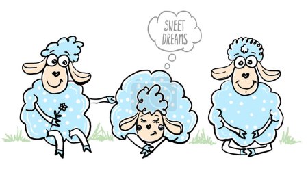 Ilustración de Familia de ovejas - ovejas dormidas y sentadas, ovejas con flor, ilustración vectorial gráfica de dibujos animados - Imagen libre de derechos