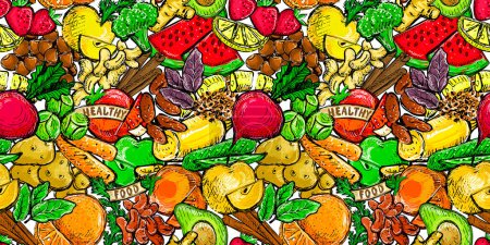 Patrón sin costura de vectores de frutas y verduras, fondo de dibujo vegano dibujado a mano