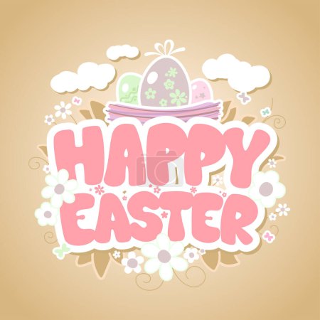 Téléchargez les illustrations : Bonne carte vectorielle de Pâques ou modèle de bannière web avec nid et œufs colorés dedans, fleurs de camomille et nuages - en licence libre de droit
