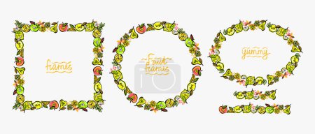 Illustration for Fruit frames set and fruit brushes set, vector graphic illustration with oval, round and square borders for vegetarian food - Royalty Free Image