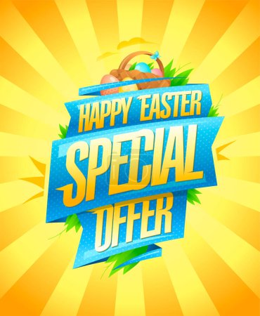 Téléchargez les illustrations : Joyeuse offre spéciale de Pâques, affiche vectorielle de vente de Pâques avec rubans, panier et œufs colorés - en licence libre de droit