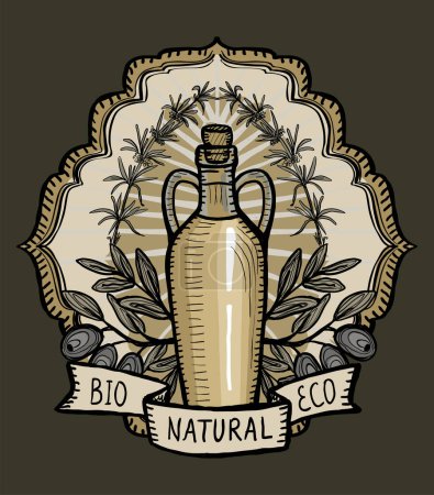 Ilustración de Logotipo de aceite de oliva, ilustración de emblema vectorial dibujado a mano con botella de aceite de oliva, manojo de aceitunas, romero y cinta - Imagen libre de derechos