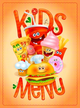 Ilustración de Tarjeta vectorial de menú para niños con personajes de dibujos animados - helado, pizza, hot dog, papas fritas, hamburguesa, magdalena y rosquilla - Imagen libre de derechos