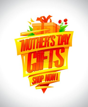 Illustration for Mother's day gifts, shop now, vector sale poster with flowers, ribbons and gift boxes - Royalty Free Image