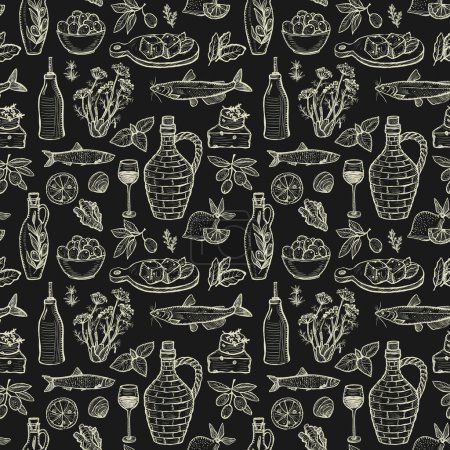 Ilustración de Patrón vectorial de tiza sin costuras con comida tradicional mediterránea: aceite de oliva, verduras, queso, hierbas y mariscos - Imagen libre de derechos