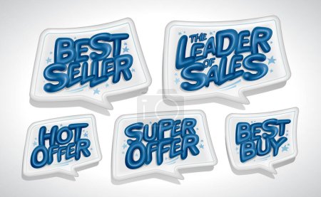 Illustration for Best seller, leader of sales, hot offer, super offer, best buy - advertising speech bubbles vector symbols set - Royalty Free Image